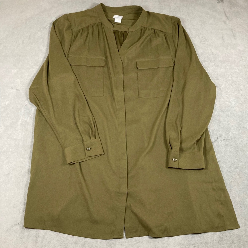 Chicos Olive Green Button Down Tunic Blouse Size 3 US 16/18 Long Sleeve Utility